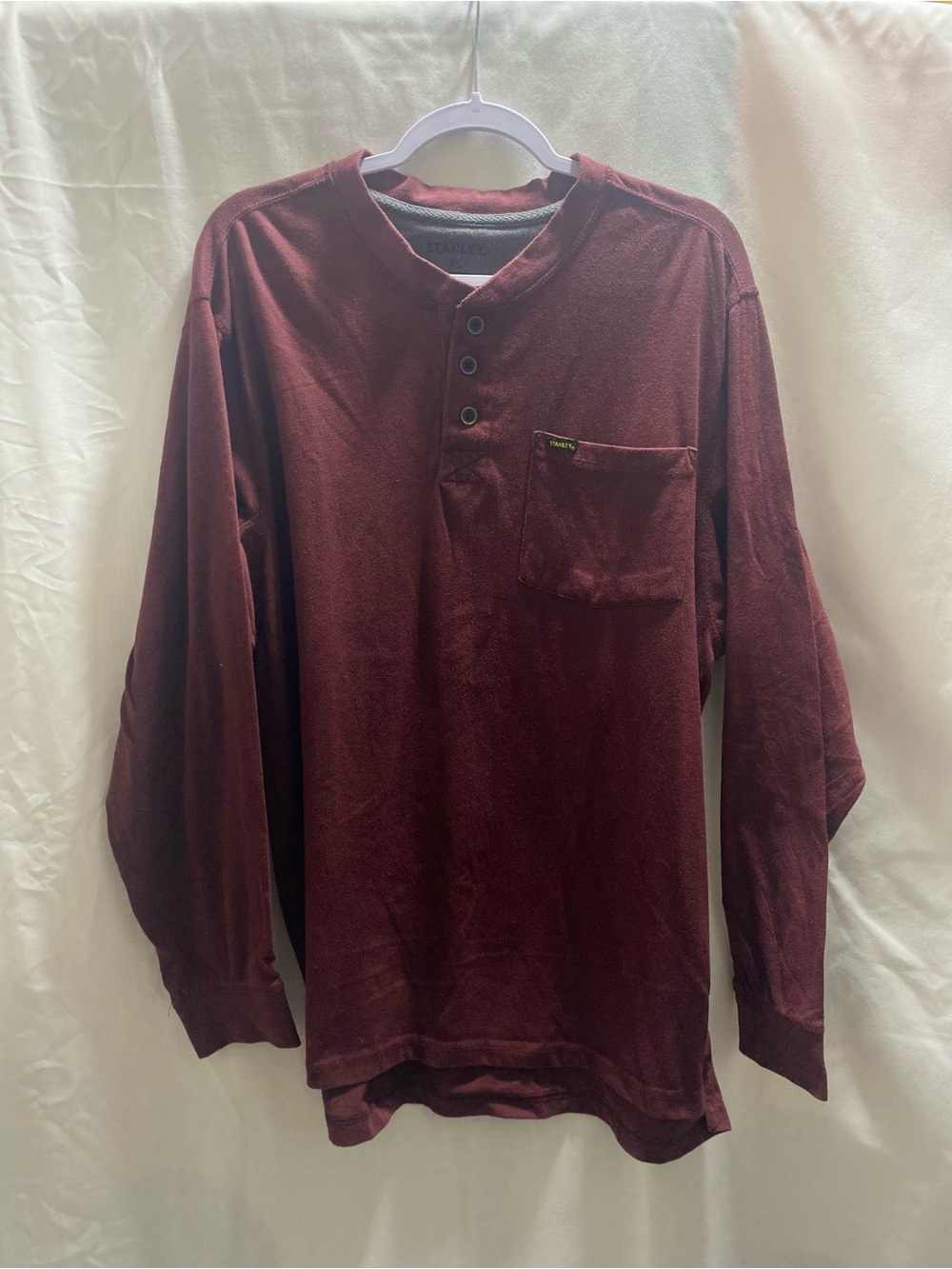 Stanley Men's XL Burgundy Long Sleeve Henley 3-Button Pocket Cotton Poly TShirt
